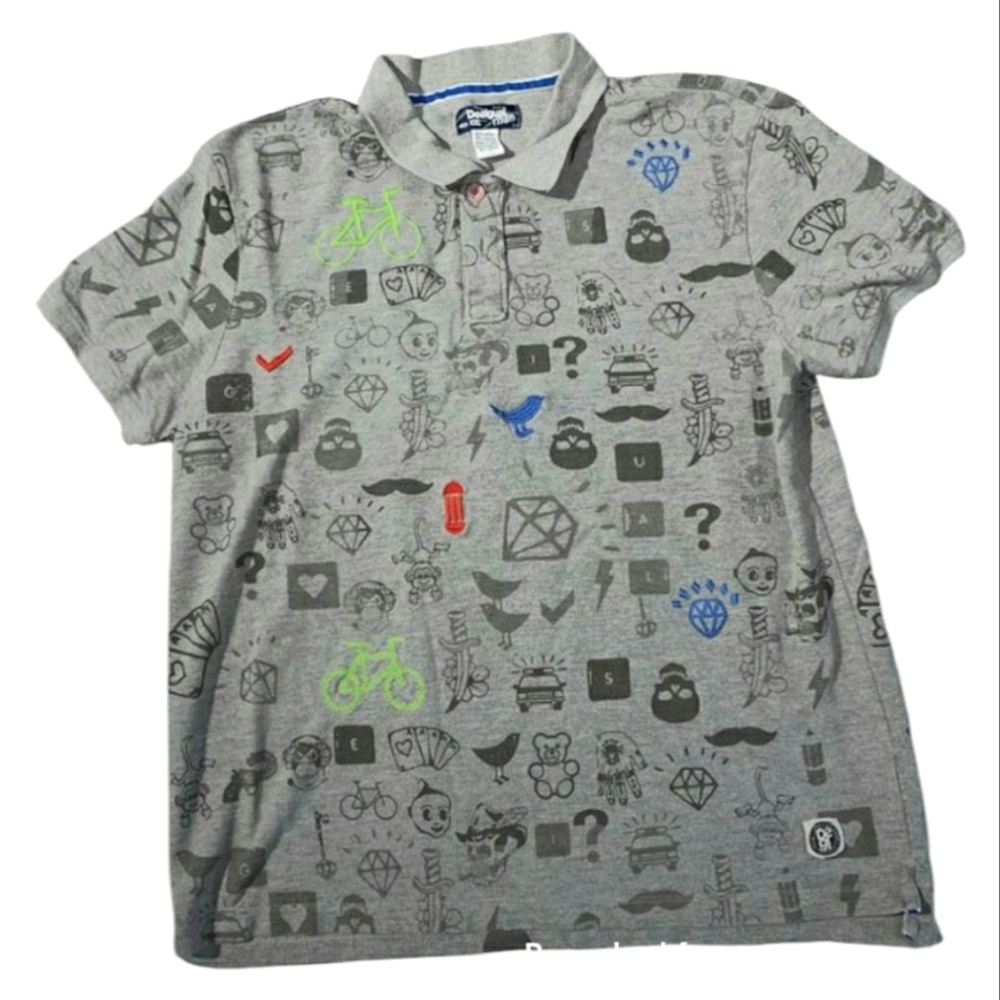 Desigual Polo Cotton Blend Shirt XXL Random Lucky Theme Graphic Print Men's Knit